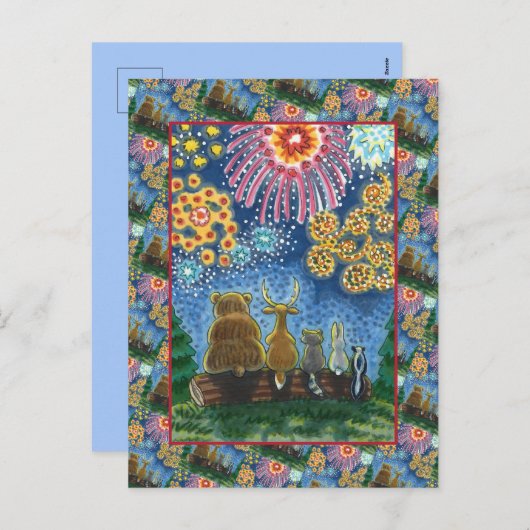 野生動物7月4日の花火、かわいいおもしろい シーズンポストカード (正面/裏面)