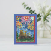 野生動物7月4日の花火、かわいいおもしろい シーズンポストカード (スタンド正面)