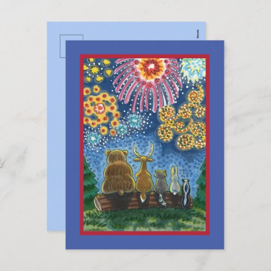 野生動物7月4日の花火、かわいいおもしろい シーズンポストカード (正面/裏面)