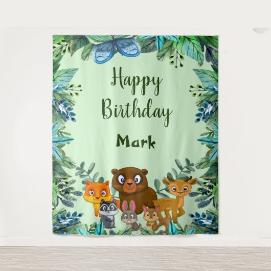 野生動物 木の森 フォレスト 緑の背景 タペストリー (正面)