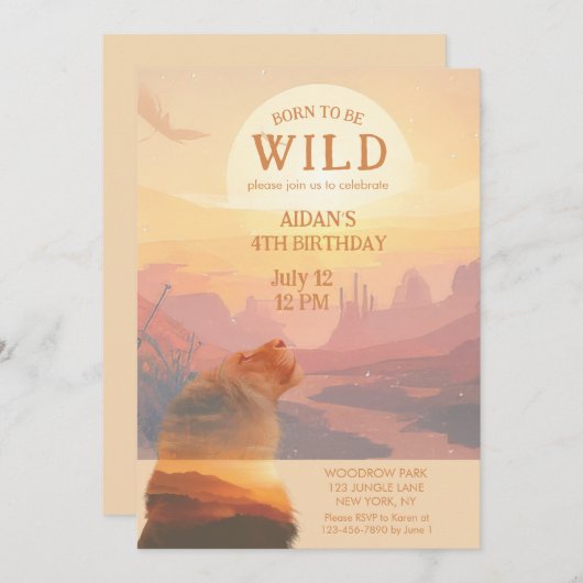 野生生まれのアフリカのライオン誕生日 招待状 (正面/裏面)