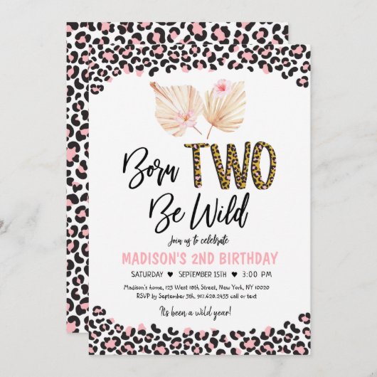 野生生まれヒョウ印刷ピンク金ゴールド誕生日 招待状 (正面/裏面)