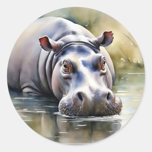 野生生物セレニティウォーターカラーヒッポ ラウンドシール (正面)