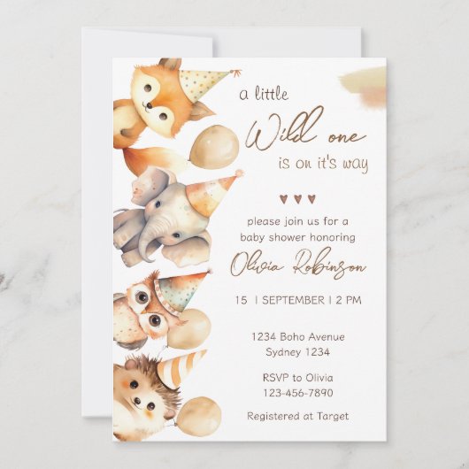 野生男女兼用の1動物少年の赤ちゃんシャワー 招待状 (正面)