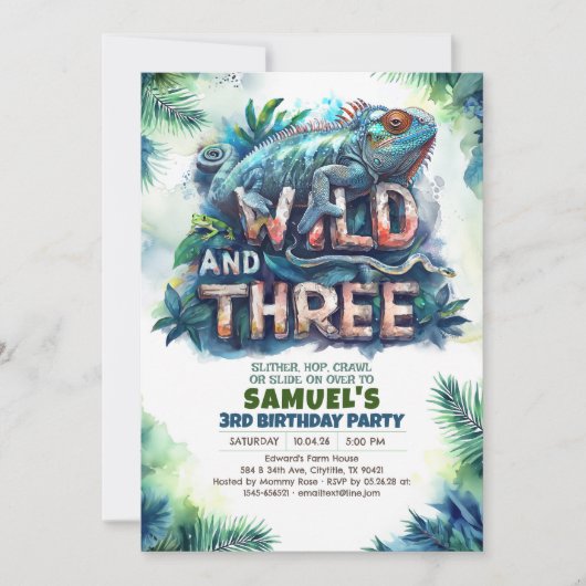 野生素晴らしの爬虫類と3歳の誕生日パーティー 招待状 (正面)