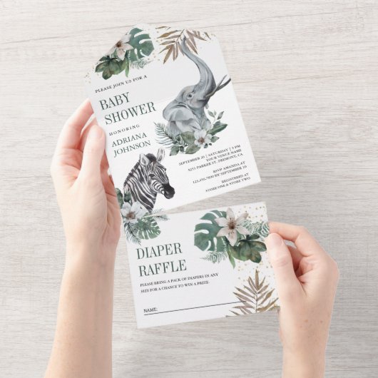 野生素朴のサファリゼブラと象の赤ちゃんシャワー オールインワン招待状 (貼ってはがせる)