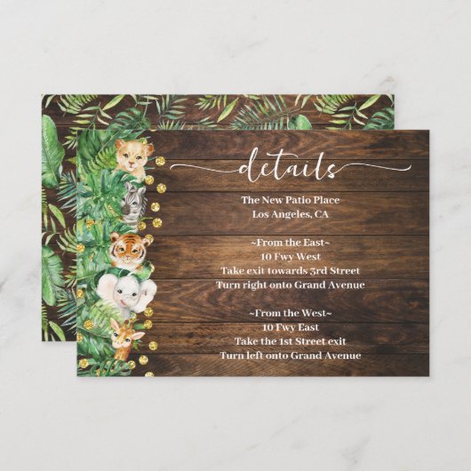 野生素朴のサファリ動物の赤ちゃんシャワー詳細 エンクロージャーカード (正面/裏面)