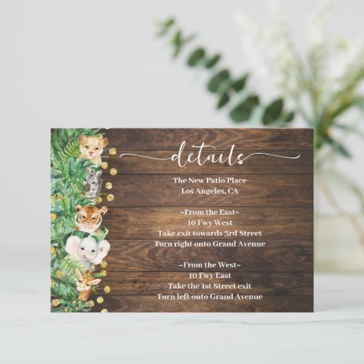 野生素朴のサファリ動物の赤ちゃんシャワー詳細 エンクロージャーカード (スタンド正面)