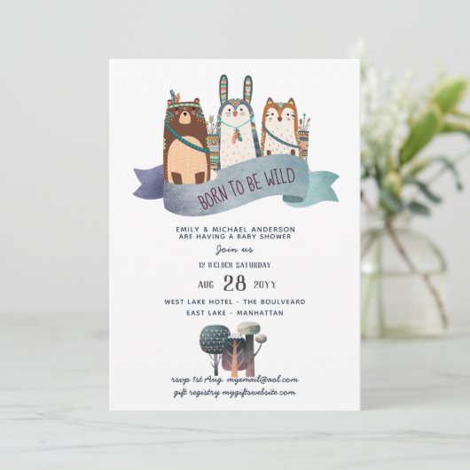 野生素朴の一森林動物部族男の赤ちゃん 招待状 (スタンド正面)