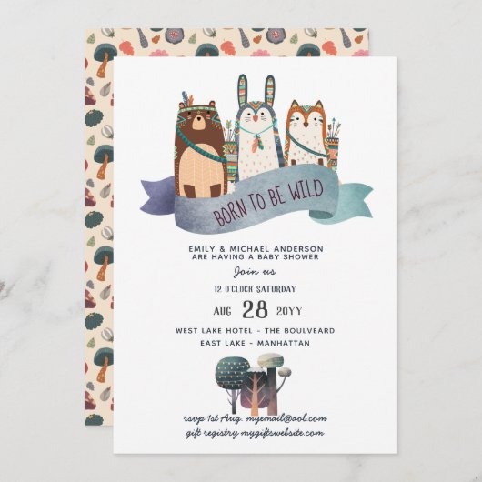 野生素朴の一森林動物部族男の赤ちゃん 招待状 (正面/裏面)
