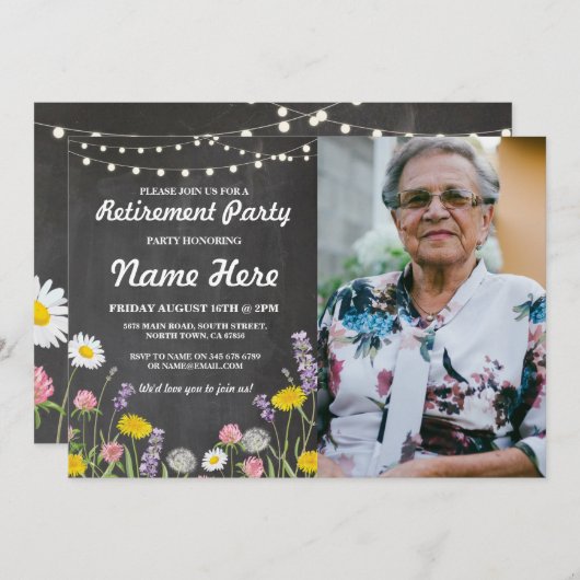 野生花のチョークの退職の退職したな花の写真 招待状 (正面/裏面)