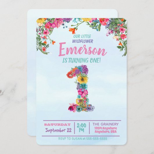 野生花、最初誕生日、1の花柄 招待状 (正面/裏面)