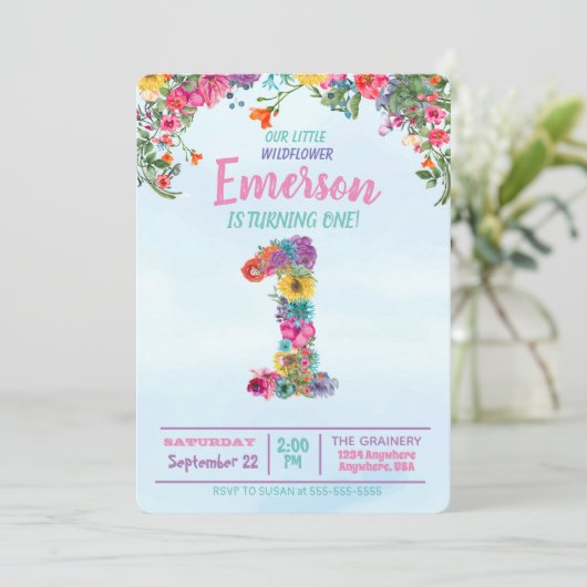 野生花、最初誕生日、1の花柄 招待状 (スタンド正面)