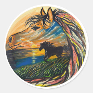 野生馬の夕日アート - 手作りのアート作品 ラウンドシール