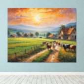 野絵を描野の道の牛 キャンバスプリント (インサイチュ (ウッドフロア))