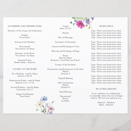 野花かわいらし庭園の結婚式式プログラム (裏面)