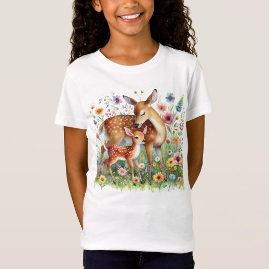 野花に立つDoe Deerと子鹿のキッズ Tシャツ (正面)