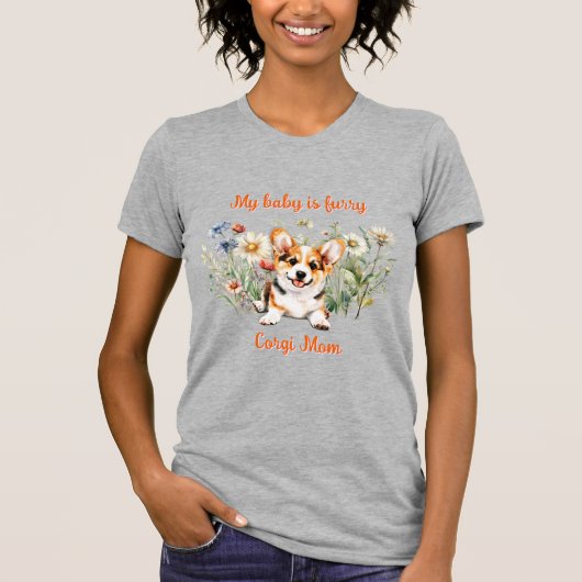 野花の中のコーギー子犬 オーダーメイドの文言 Tシャツ (正面)