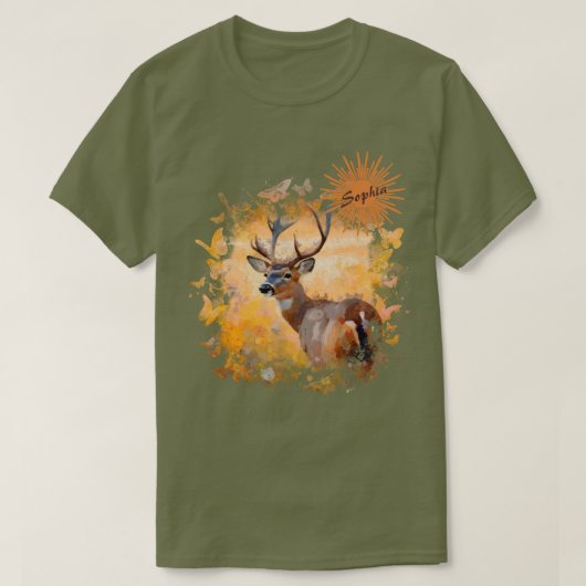 野花の咲く野原の雄大な鹿 Tシャツ (デザイン正面)
