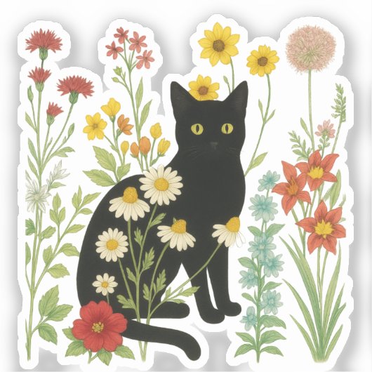 野花の庭の黒猫 - ボタニカル・ネイチャー シール (正面)