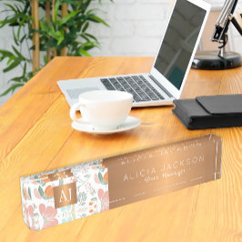 野花の桃の模様の銅の金ゴールド モノグラムの デスクネームプレート