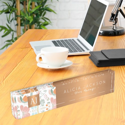 野花の桃の模様の銅の金ゴールド モノグラムの デスクネームプレート