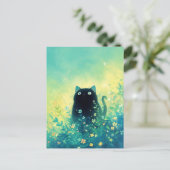 野花の草原に佇む緑の瞳の黒猫 ポストカード (スタンド正面)