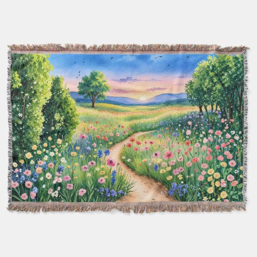 野花の草原を通る夕日の小道 スローブランケット (正面)