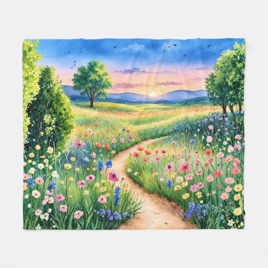 野花の草原を通る夕日の小道 フリースブランケット (正面(横))