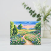 野花の草原を通る夕日の小道 ポストカード (スタンド正面)