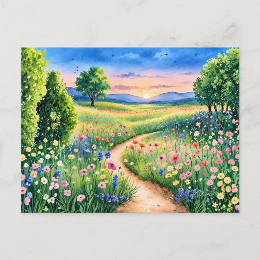 野花の草原を通る夕日の小道 ポストカード (正面)