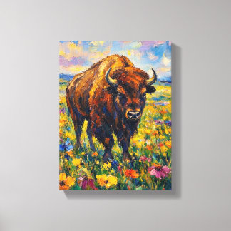 野花の野原のバイソン 抽象芸術絵画 キャンバスプリント