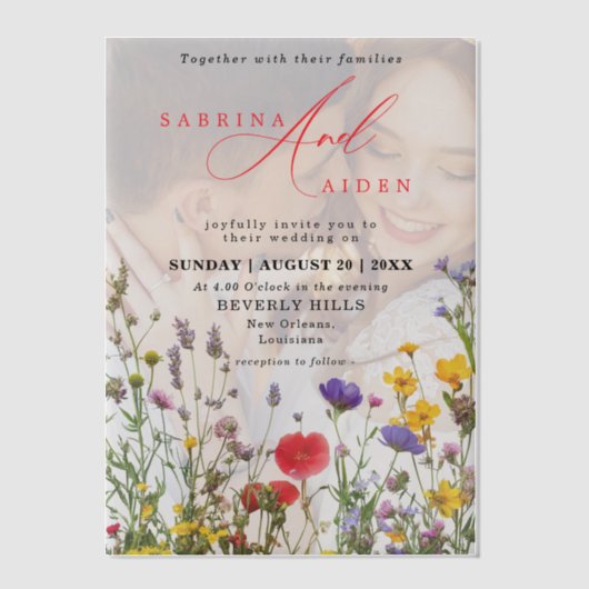 野花エレガント咲き庭園の結婚式 ベラム紙招待状 (正面)