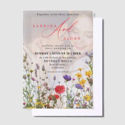 野花エレガント咲き庭園の結婚式 ベラム紙招待状 (オフセット)