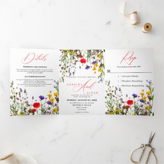 野花エレガント咲き庭園の結婚式 三つ折り案内状 (内部)