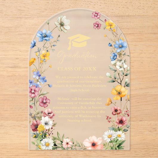 野花エレガント牧草地ガーデンツイン卒業 アクリル招待状 (正面)