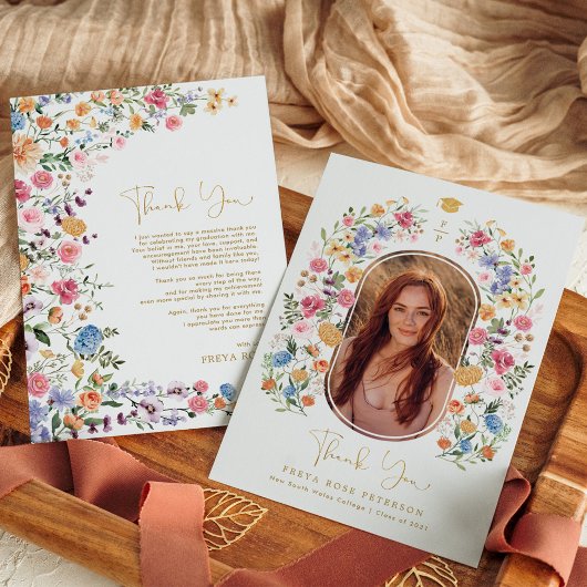 野花カラフル卒業写真 サンキューカード