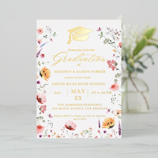 野花スタイリッシュ牧草地ガーデンツイン卒業 箔招待状 (立ち正面)