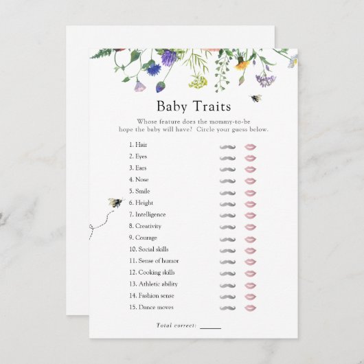 野花ビーベビー特徴シャワーゲームカード 招待状 (正面/裏面)