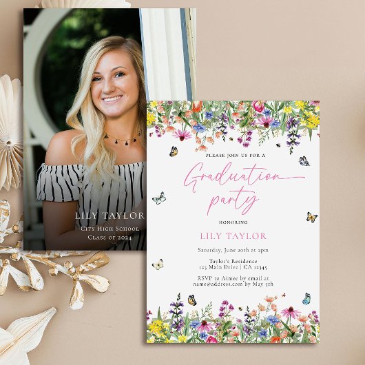 野花モダンフローラ写真卒業パーティー 招待状