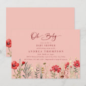 野花レッドワイルドフラワーオベビーベビーシャワー 招待状 (正面/裏面)