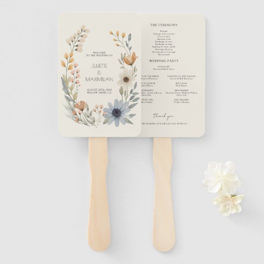 野花素朴リース庭園の結婚式プログラム ハンドファン (正面&裏面)