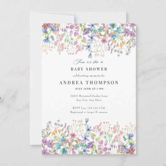 野花 |手の絵を描フローラベビーシャワー 招待状 (正面)