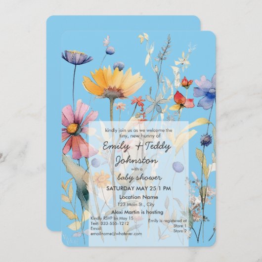 野草の男の子ブルーベビーシャワー 招待状 (正面/裏面)