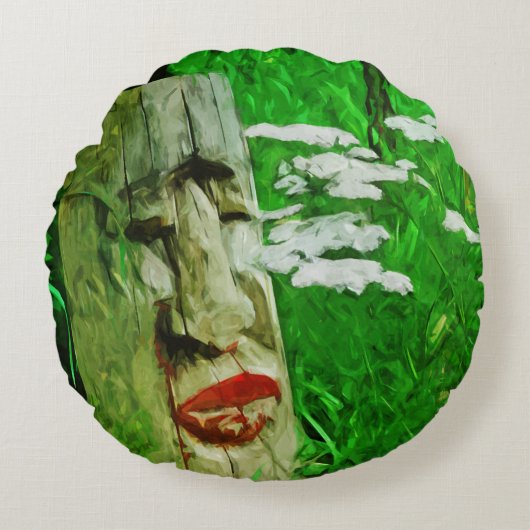 野草の間で赤い唇のあるアメリカのインドのトーテム ラウンドクッション (正面)