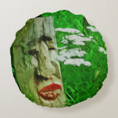 野草の間で赤い唇のあるアメリカのインドのトーテム ラウンドクッション (裏面)