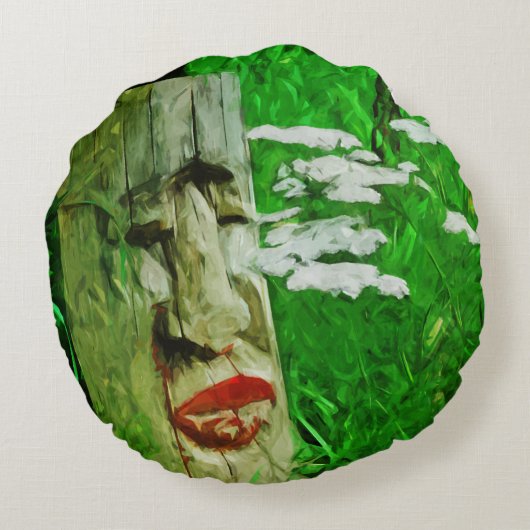 野草の間で赤い唇のあるアメリカのインドのトーテム ラウンドクッション (裏面)