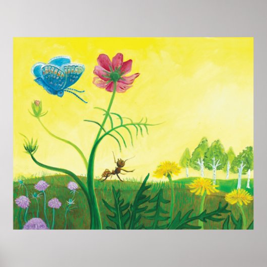野草地のアリと蝶 ポスター (正面)
