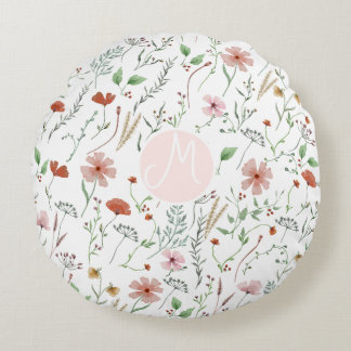 野草水彩防穂ヴィンテージ花柄 ラウンドクッション