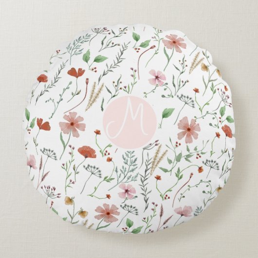 野草水彩防穂ヴィンテージ花柄 ラウンドクッション (正面)